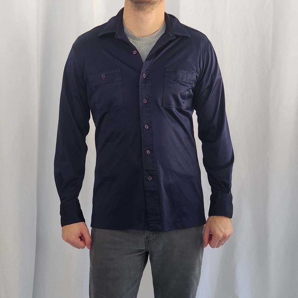 70s Sears Navy Blue Satin Button Down Shirt‎